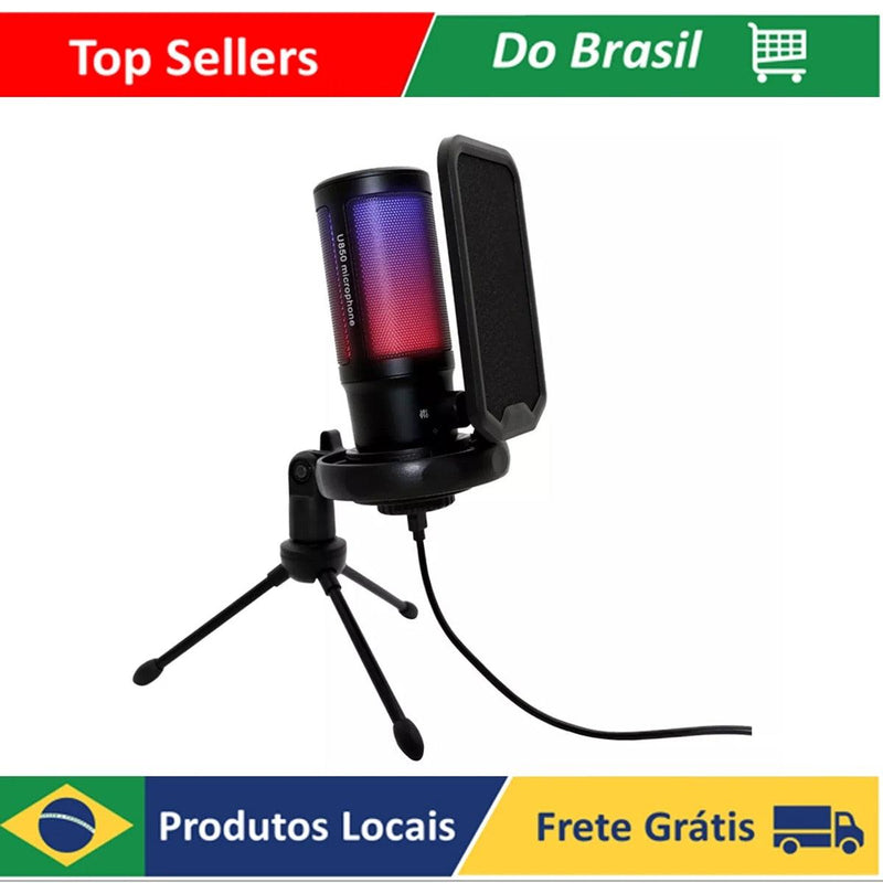 Microfone Tripe De Gravacao Gamer Usb Com Led Rgb Usb Profissional U850 Luuk Young - Doca Play