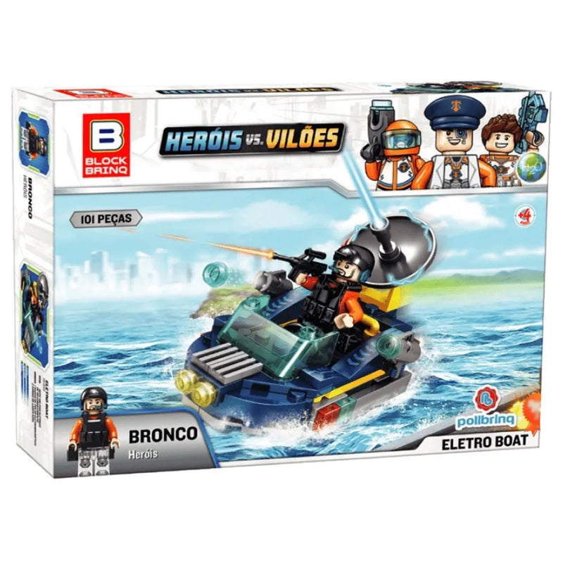Blocos de Montar 101 peças Heróis vs Vilões - Bronco Eletro Boat Com Modo Disparo - Polibrinq Brinquedos Criativos - Doca Play