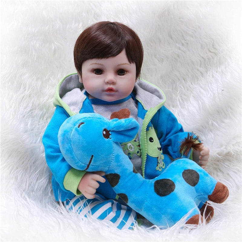 Bebê Boneca Reborn Silicone Menino Olhos Castanhos Cabelo Curto Roupas Sapo 48cm - docaplay