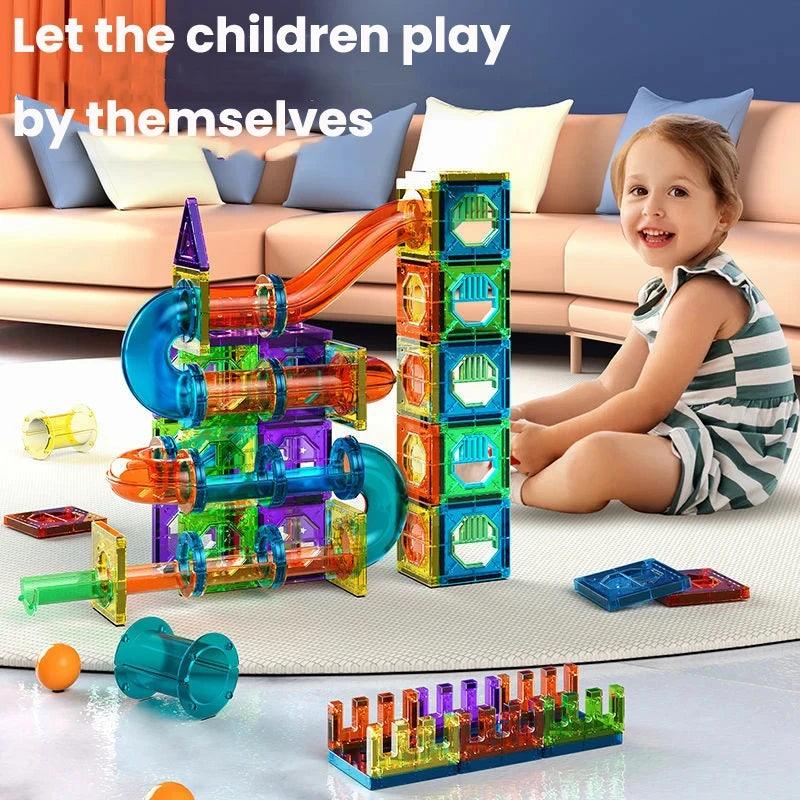 120PCS Magnetic Designer Building Blocks Magnet Maze Race Run Ball Marble Track Funnel Slide Brick DIY Education Toys For Childr Doca Play