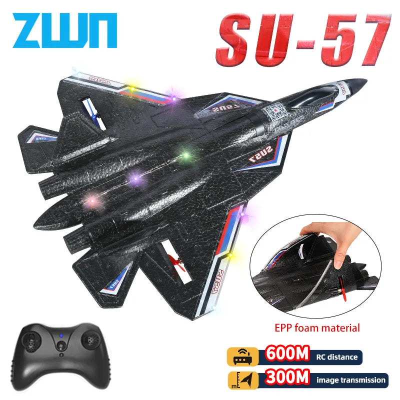 RC Plane SU57 2.4G With LED Lights Aircraft Remote Control Flying Model Glider EPP Foam Toys Airplane For Children Gifts Doca Play