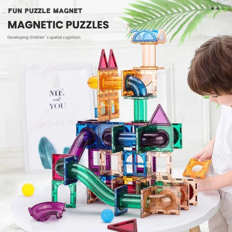 120PCS Magnetic Designer Building Blocks Magnet Maze Race Run Ball Marble Track Funnel Slide Brick DIY Education Toys For Childr Doca Play