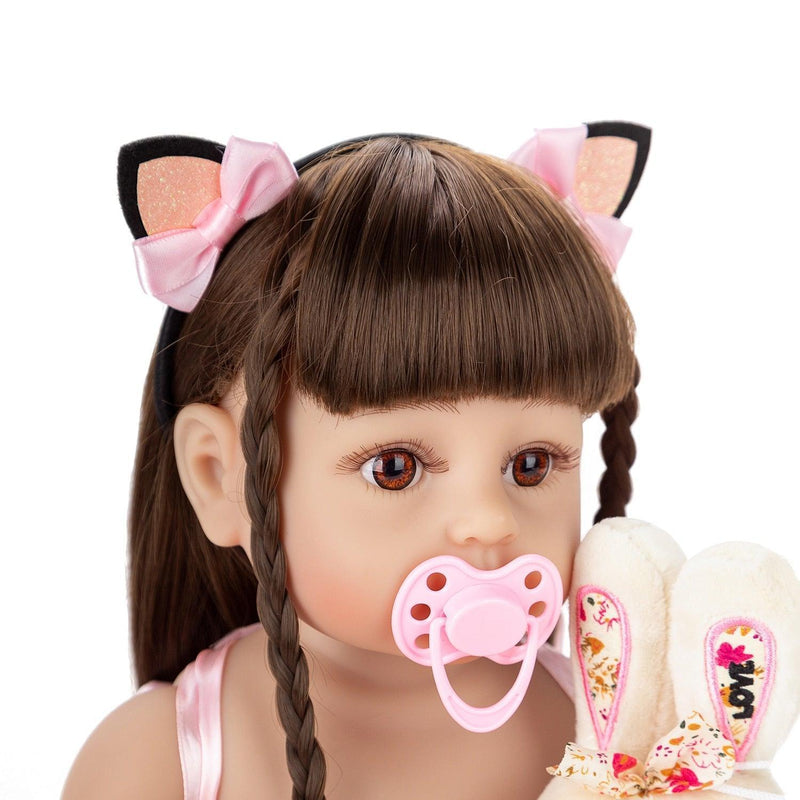 Boneca Bebe Reborn De Silicone Menina 55cm Rosa Princesa Com Coelho De Pelúcia - docaplay