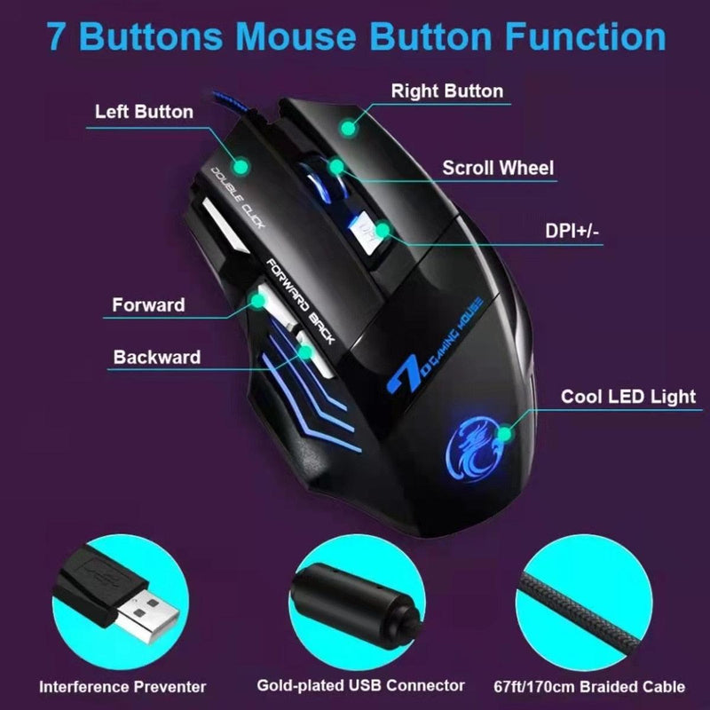 Mouse gamer 3600dpi USB com fio LED 7 botões iluminado - Doca Play