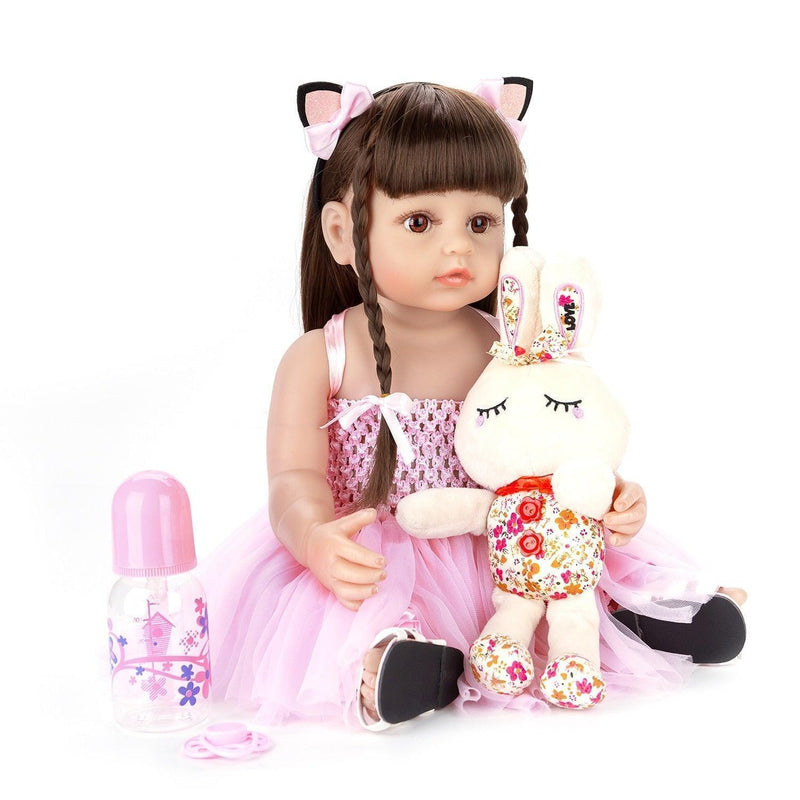 Boneca Bebe Reborn De Silicone Menina 55cm Rosa Princesa Com Coelho De Pelúcia - docaplay