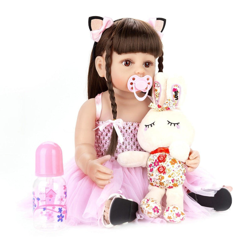 Boneca Bebe Reborn De Silicone Menina 55cm Rosa Princesa Com Coelho De Pelúcia - docaplay